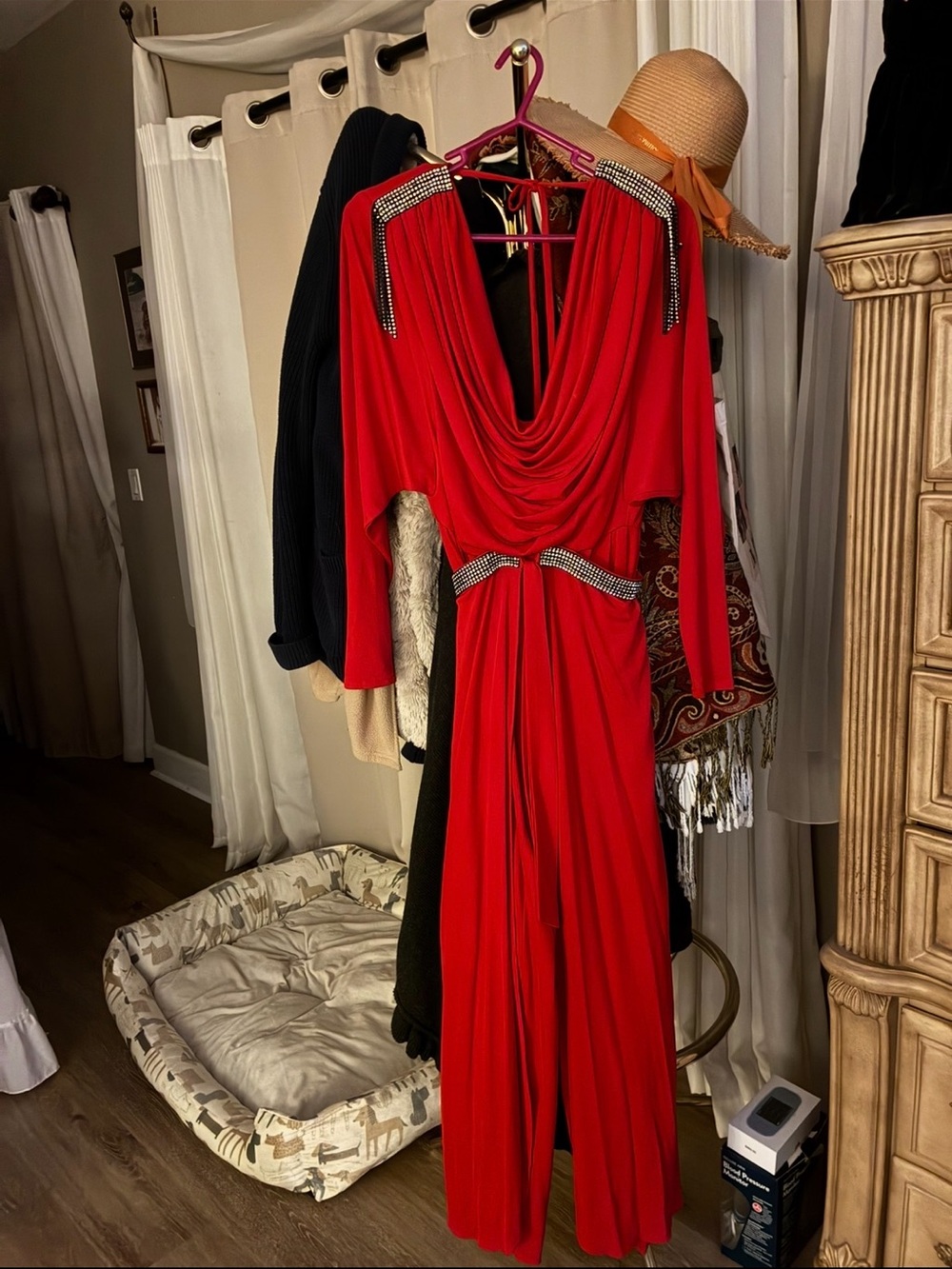 Red Drape-Neck Wide-Leg Jumpsuit with Embellished Accents - Picture 2 of 2